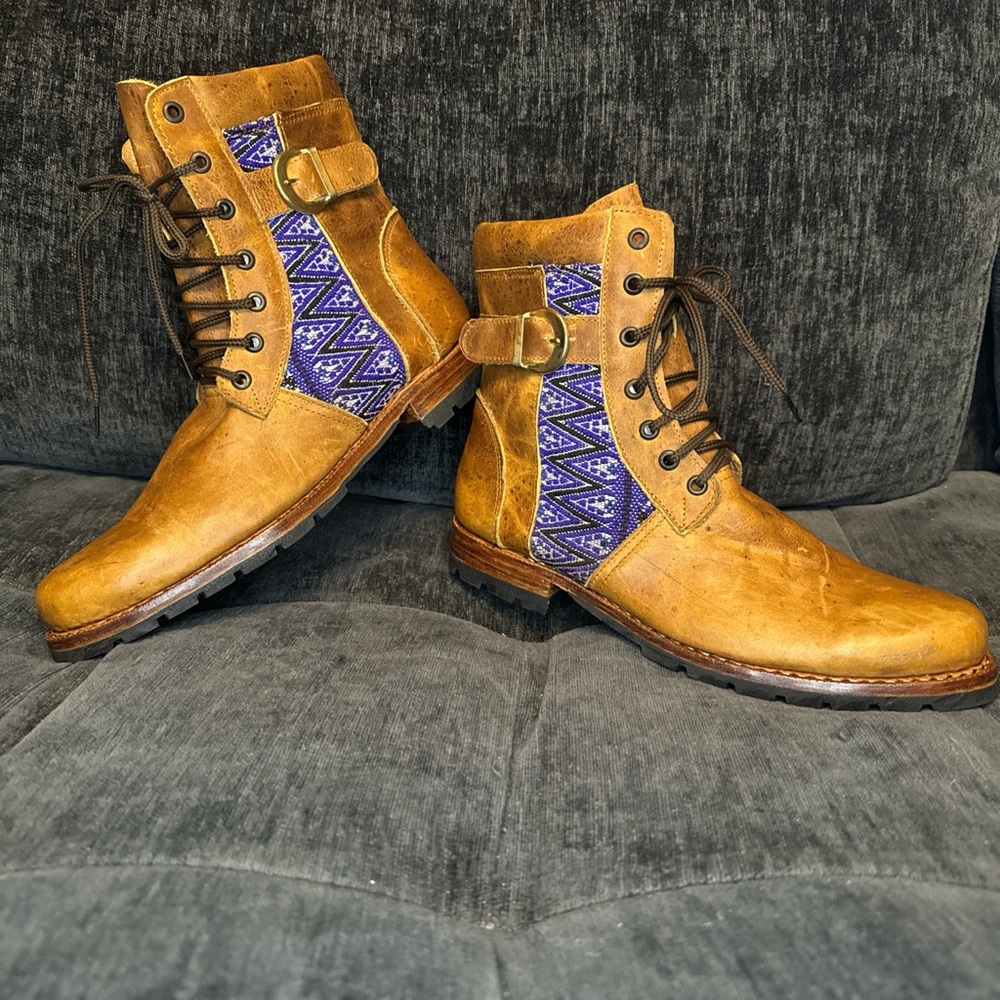 Genuine Brown Leather Boots With Purple Textile Detail, U.S. M’s 11.5